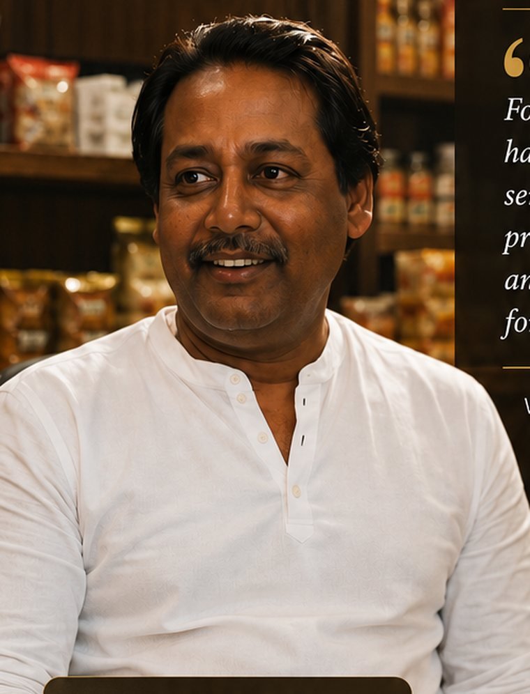 Arun Biswas, founder of Ganapati Grocery & Provisions, at the shop counter.